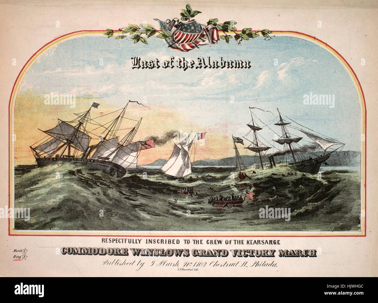 Noten-Cover-Bild des Liedes "Last der Alabama", mit ursprünglichen Autorschaft Notizen lesen "durch" Eastburn'', Vereinigte Staaten, 1864. Der Verlag als "J. Marsh, Nr. 1102 Chestnut St" aufgeführt ist, die Form der Komposition ist "strophische mit Chor", die Instrumentierung ist "Klavier und Stimme", die erste Linie liest "Aus Cherbourg Hafen an einem Sommertag, unser edles Schiff die Kearsarge Lay" und der Abbildung Künstler als "L.n. Rosenthal Lith" aufgeführt ist. Stockfoto