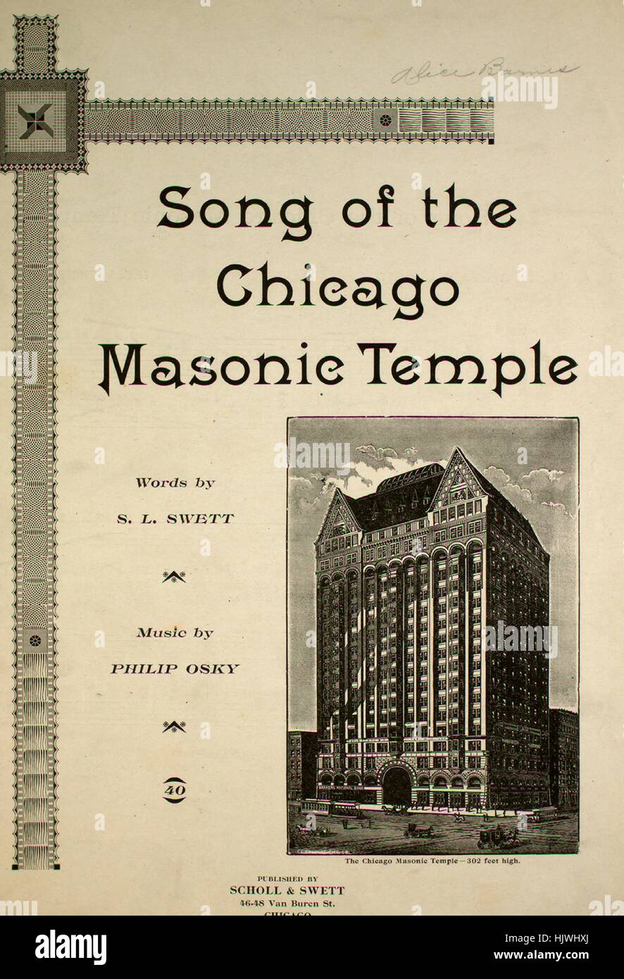 Titelbild der Noten des Liedes "Lied des Chicago Masonic Temple", mit ursprünglichen Autorschaft Noten lesen "Worte SL Swett Musik von Philip Osky", USA, 1893. Der Verlag als "Scholl und Swett, 46-48 Van Buren St." aufgeführt ist, die Form der Komposition ist "strophische mit Chor", die Instrumentierung ist "Klavier und Stimme", die erste Zeile lautet "The Freimaurertempel in Chicago Messe lädt Vermietung Raum für Luft", und der Abbildung Künstler als "Lith von The Chicago Masonic Temple (Unterschrift unleserlich)" aufgeführt ist. Stockfoto