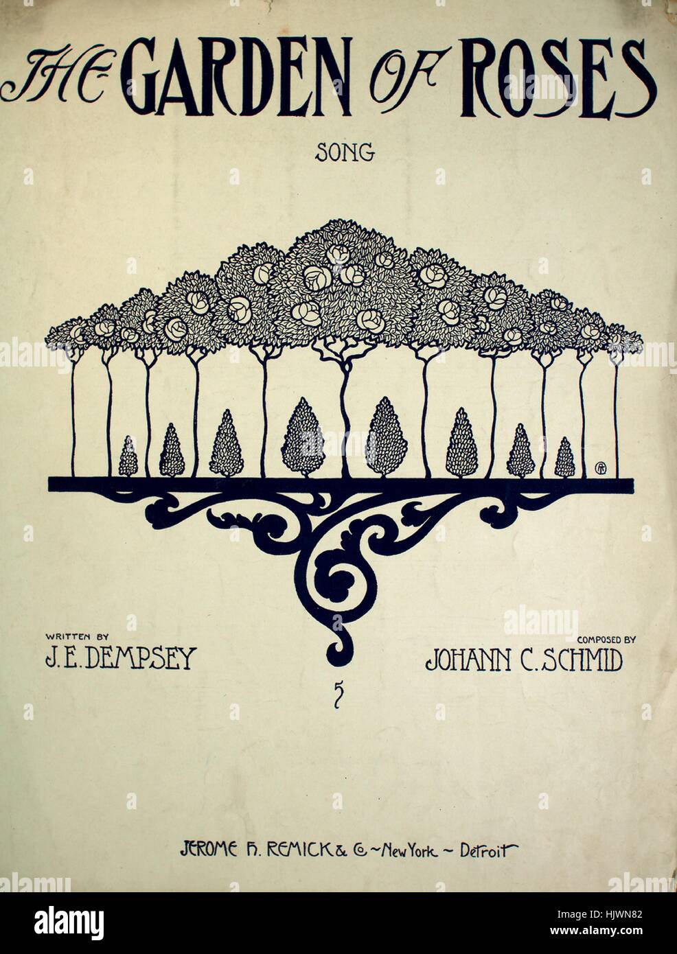 Titelbild der Noten des Liedes "der Garten der Rosen Lied", mit ursprünglichen Autorschaft Noten lesen "Geschrieben von JE Dempsey komponiert von Johann C Schmid", USA, 1909. Der Verlag als "Jerome H. Remick und Co." aufgeführt ist, die Form der Komposition ist "strophische mit Chor", die Instrumentierung ist "Klavier und Gesang (Solo und Ttbb Chor)", die erste Linie liest "Kommen in den Garten mit Rosen, Liebe und Stand, wo die Sonnenstrahlen fallen" und der Abbildung Künstler als 'None' aufgeführt ist. Stockfoto