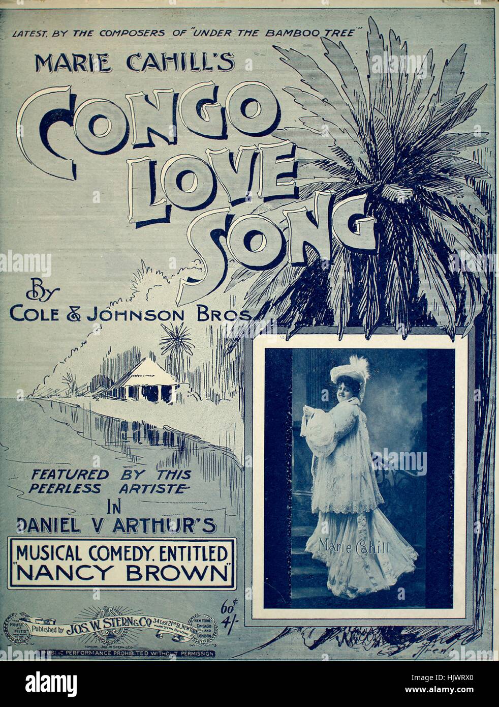 Titelbild der Noten des Liedes "Marie Cahills Kongo Love Song", mit ursprünglichen Autorschaft Noten lesen "Worte von JW Johnson Music von Rosamond Johnson", USA, 1903. Der Verlag als "Jos. W. Stern und Co., 34 East 21st St." aufgeführt ist, die Form der Komposition ist "strophische mit Chor", die Instrumentierung ist "Klavier und Stimme", liest die erste Zeile '' Weg nach unten, wo der Kongo eine fließende ist ", und der Abbildung Künstler wird als" Unattrib. Foto von Marie Cahill; Frew'. Stockfoto