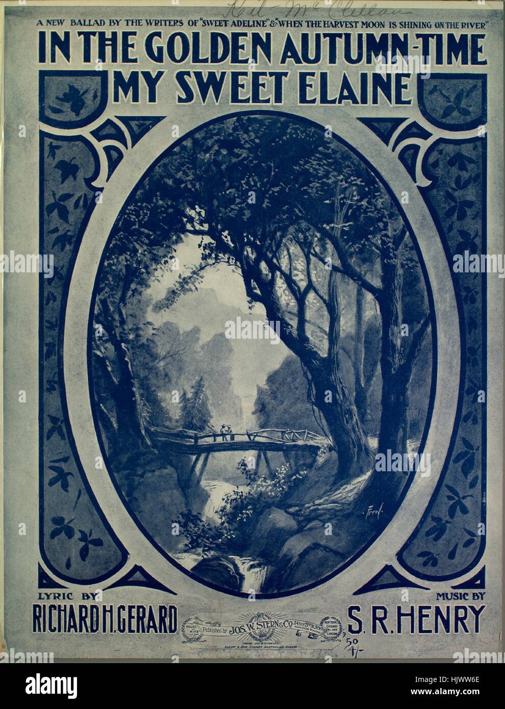 Noten-Cover-Bild von dem Lied "In the Golden Herbstzeit, My Sweet Elain", mit ursprünglichen Autorschaft Noten lesen "Lyric von Ricahrd H Gerard Music von SR Henry", USA, 1905. Der Verlag als "Jos. W. Stern und Co., 34 East 21st St." aufgeführt ist, die Form der Komposition ist "strophische mit Chor", die Instrumentierung ist "Klavier und Stimme", die erste Linie liest "Th Tor Schriftsatz mit seiner liebsten ein Jüngling Stand", und der Abbildung Künstler als "Frew" aufgeführt ist. Stockfoto