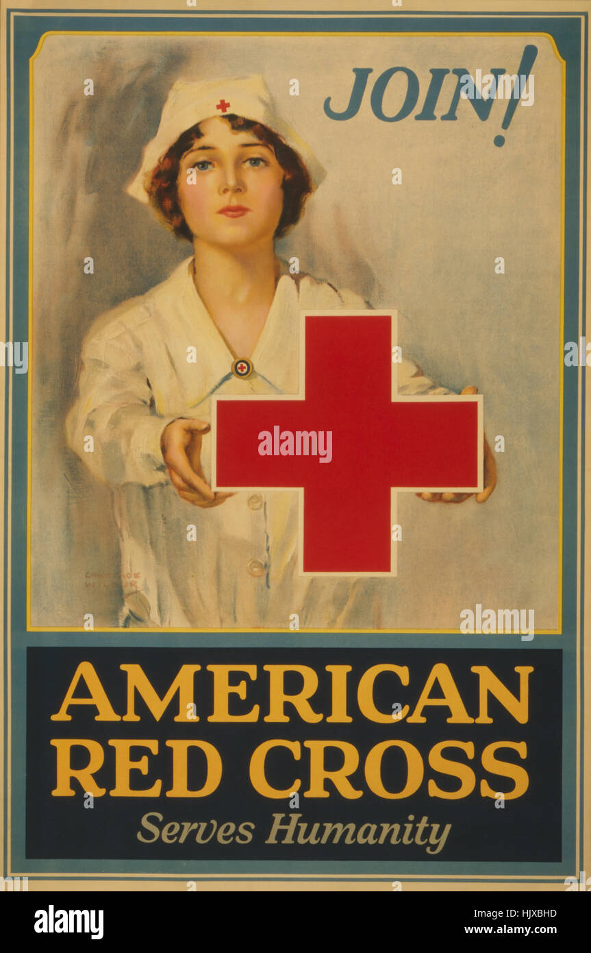 Rotes Kreuz-Krankenschwester Holding rotes Kreuz, "beitreten! Amerikanisches rote Kreuz dient Menschlichkeit ", Mitgliederwerbung Poster im ersten Weltkrieg, von Lawrence Wilbur, USA, 1917 Stockfoto