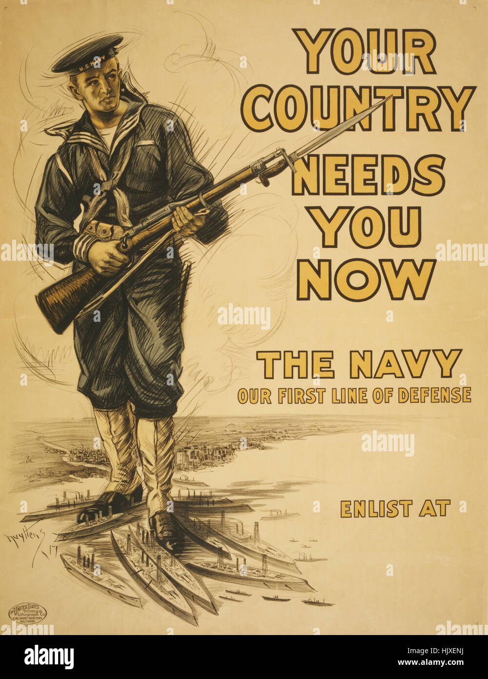 Marine-Offizier mit Gewehr, "Ihr Land braucht Sie jetzt, die Marine, unsere erste Linie der Verteidigung", Erster weltkrieg Recruitment Poster von Josef Pierre Nuyttens, USA, 1917 Stockfoto