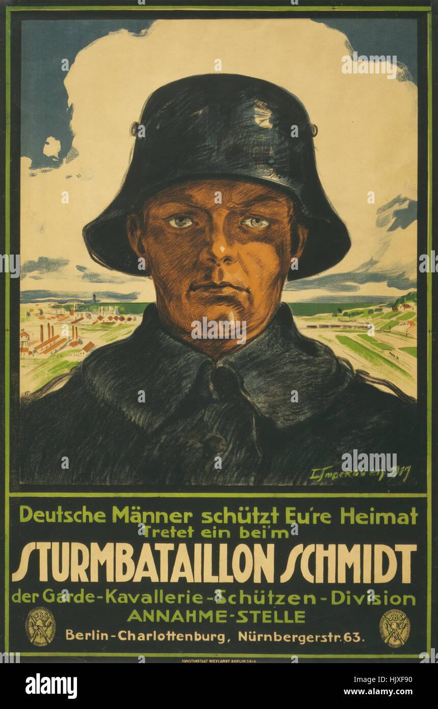 Portrait of Soldier, Förderung der deutschen Männer zum Schutz von Land und gewinnen im Sturm-Bataillon Schmidt, Krieg ich Recruitment Poster, Deutschland, 1917 Stockfoto