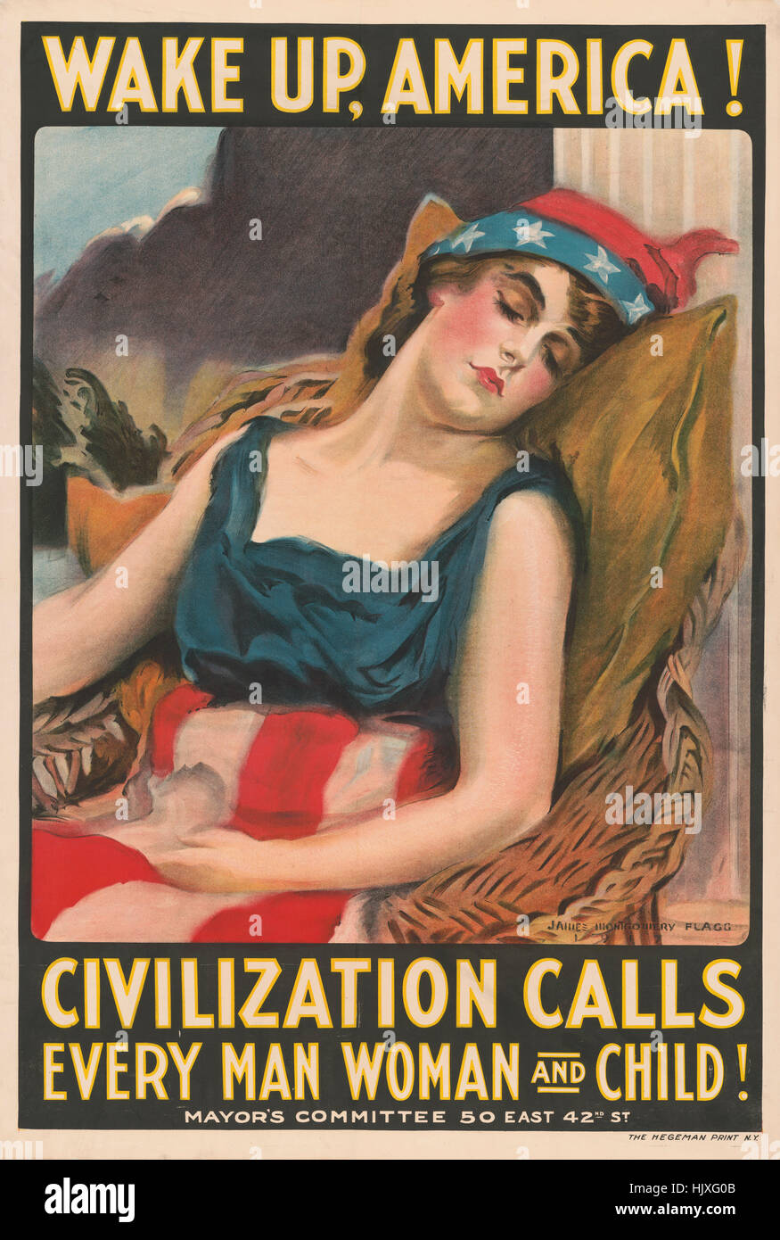 Porträt von Lady Liberty schlafen, "wach auf, Amerika!, Zivilisation ruft jeden Mann, Frau und Kind!", Weltkrieg Rekrutierung Plakat von James Montgomery Flagg, USA, 1917 Stockfoto