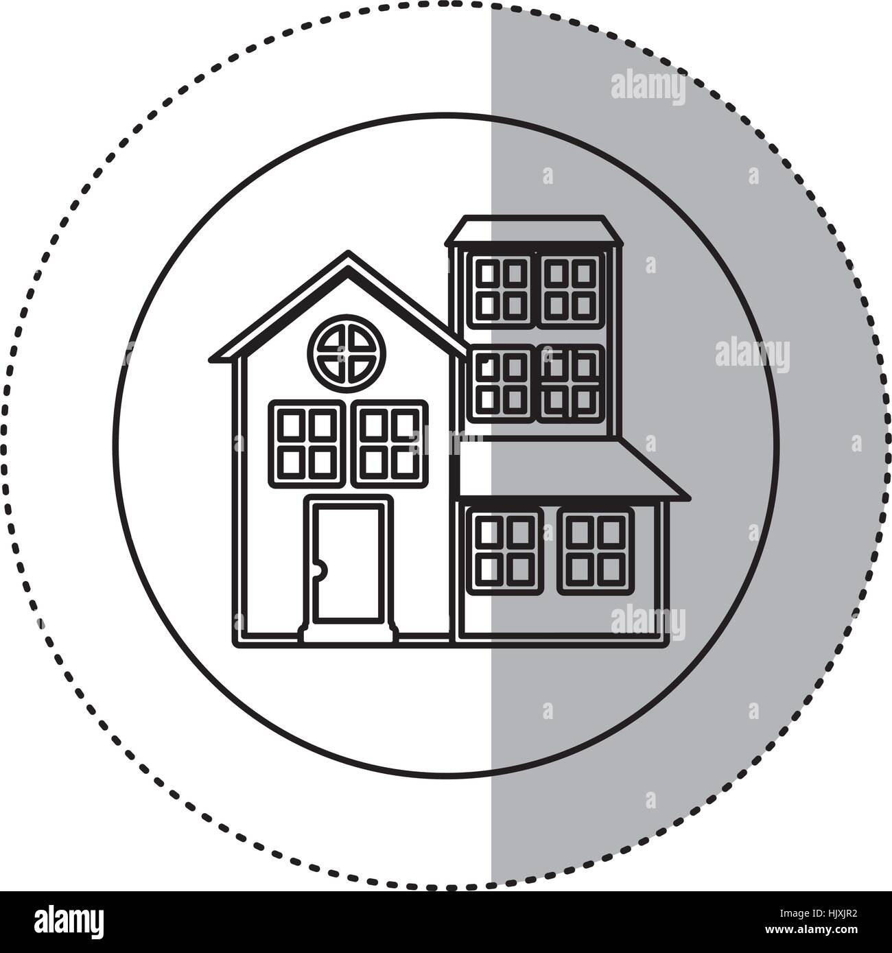 monochrome Kontur mit mittleren Schatten Aufkleber im Freundeskreis Haus mit drei Etagen Vektor-illustration Stock Vektor