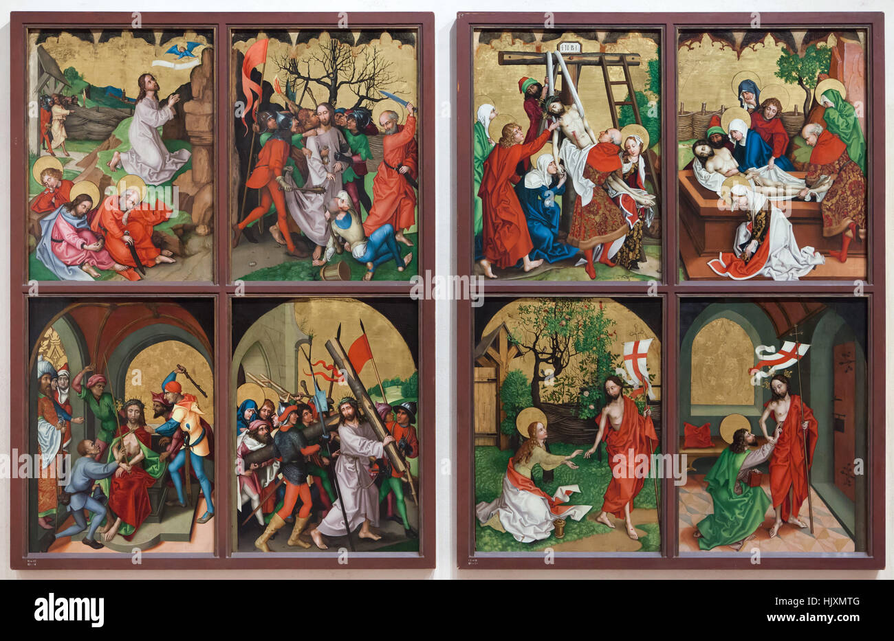 Zwei Flügel des Altars von ca. 1480 von deutschen Renaissance Maler Martin Schongauer aus der Dominikanerkirche in Colmar auf dem Display in das Musee d'Unterlinden (Unterlinden Museum) in Colmar, Elsass, Frankreich. Dargestellten Szenen (von links nach rechts, von oben nach unten): Todesangst im Garten, Kiss of Judas Iscariot, Abstieg vom Kreuz, Grablegung Christi, spöttisch Christi, Christus das Kreuz tragend, auferstandenen Christus erscheint, Mary Magdalene und auferstandenen Christus nach Saint Thomas der Apostel. Stockfoto Zwei Flügel des Altars von ca. 1480 von deutschen Renaissance Maler Martin Schongauer aus der Dominikanerkirche in Colmar auf dem Display in das Musee d'Unterlinden (Unterlinden Museum) in Colmar, Elsass, Frankreich. Dargestellten Szenen (von links nach rechts, von oben nach unten): Todesangst im Garten, Kiss of Judas Iscariot, Abstieg vom Kreuz, Grablegung Christi, spöttisch Christi, Christus das Kreuz tragend, auferstandenen Christus erscheint, Mary Magdalene und auferstandenen Christus nach Saint Thomas der Apostel. Stockfoto