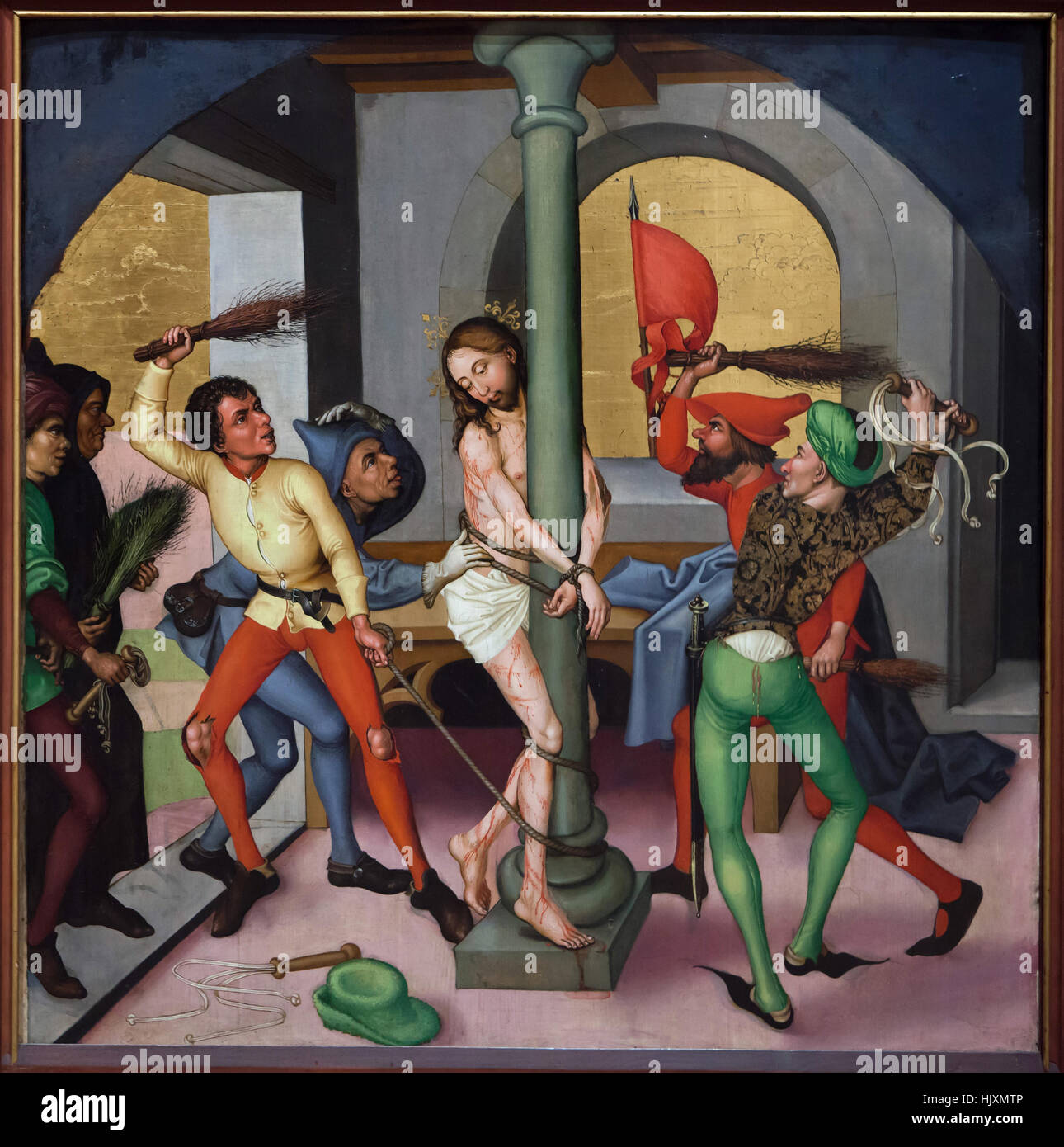 Geißelung Christi. Detail des Altars von ca. 1480 von deutschen Renaissance Maler Martin Schongauer aus der Dominikanerkirche in Colmar auf dem Display in das Musee d'Unterlinden (Unterlinden Museum) in Colmar, Elsass, Frankreich. Stockfoto Geißelung Christi. Detail des Altars von ca. 1480 von deutschen Renaissance Maler Martin Schongauer aus der Dominikanerkirche in Colmar auf dem Display in das Musee d'Unterlinden (Unterlinden Museum) in Colmar, Elsass, Frankreich. Stockfoto
