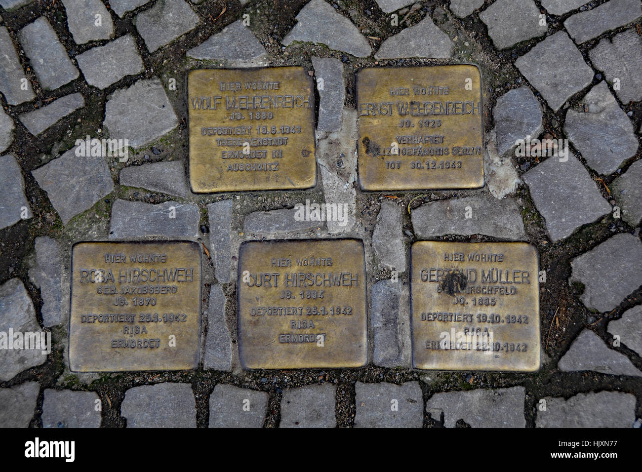 Stolperstein (Stolpersteine) auf den Straßen von Berlin (Gedenken an Hirschweh Familie und Gerard Muller) Stockfoto