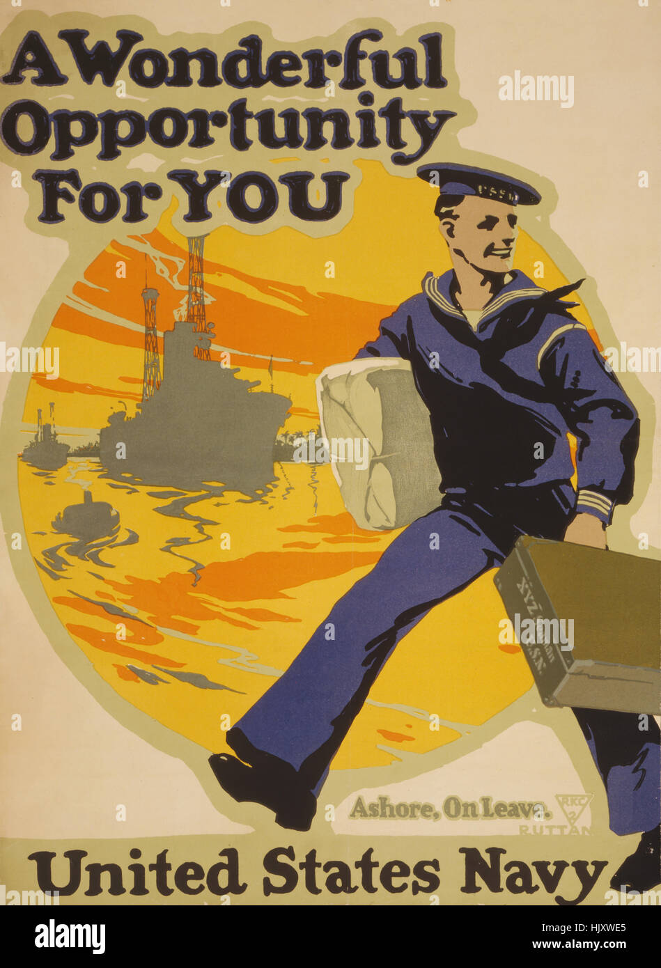Seemann, Tragetaschen mit Schiffen im Hintergrund, "Eine wunderbare Gelegenheit für Sie, US Navy", Weltkrieg Recruitment Poster von Charles E. Ruttan, USA, 1917 Stockfoto