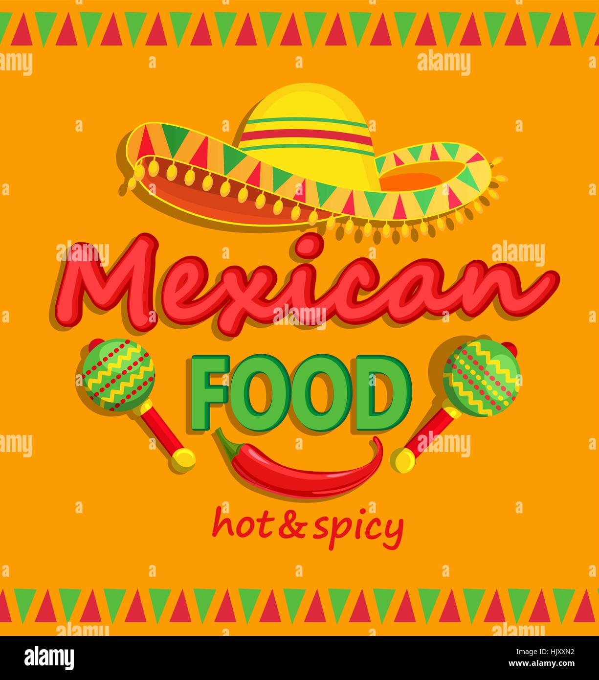 Mexikanisches Essen Flyer mit traditionellen würzig, Maracas und Sombrero Vektor-illustration Stock Vektor