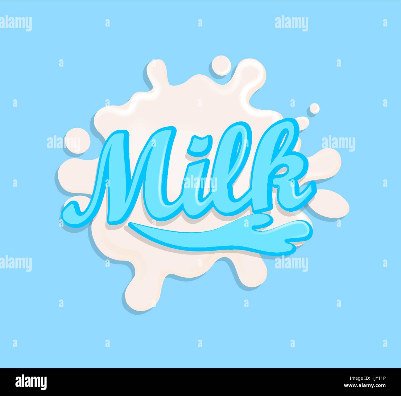Milch-Label Splash. Blot und Schrift auf blauem Hintergrund. Spritzen Sie und tupfen Sie-Design, Form kreativen Vektor-Illustration. Stock Vektor