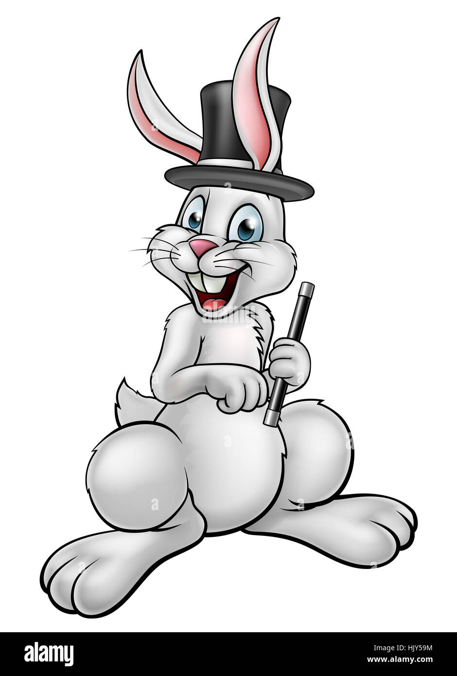 Ein weißes Kaninchen Magier Zeichentrickfigur trägt einen Hut und einen Zauberstab hält Stockfoto