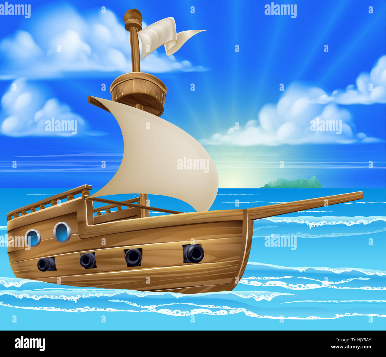 Ein Cartoon-Schiff oder Boot Segeln im Ozean Hintergrund Stockfoto