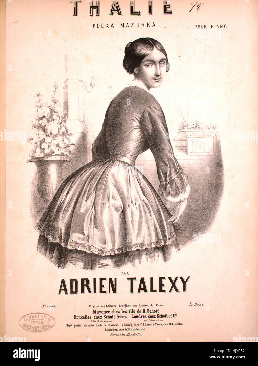 Noten-Cover-Bild des Liedes "Thalie Polka Mazurka", mit ursprünglichen Autorschaft Noten lesen "Par Adrien Talexy", 1900. Der Verlag als 'chez Les Fils de B. Schott' aufgeführt ist, die Form der Komposition ist "Schnitt", die Instrumentierung ist "Klavier", liest die erste Zeile 'None' und der Abbildung Künstler als 'None' aufgeführt ist. Stockfoto