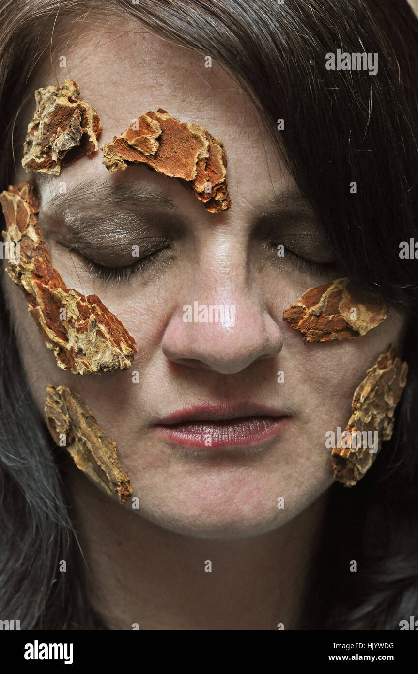 Frau, Gesicht, Porträt, Augen, Ohrringe, Frau, blau, Weiblich, Holz, braun, Stockfoto