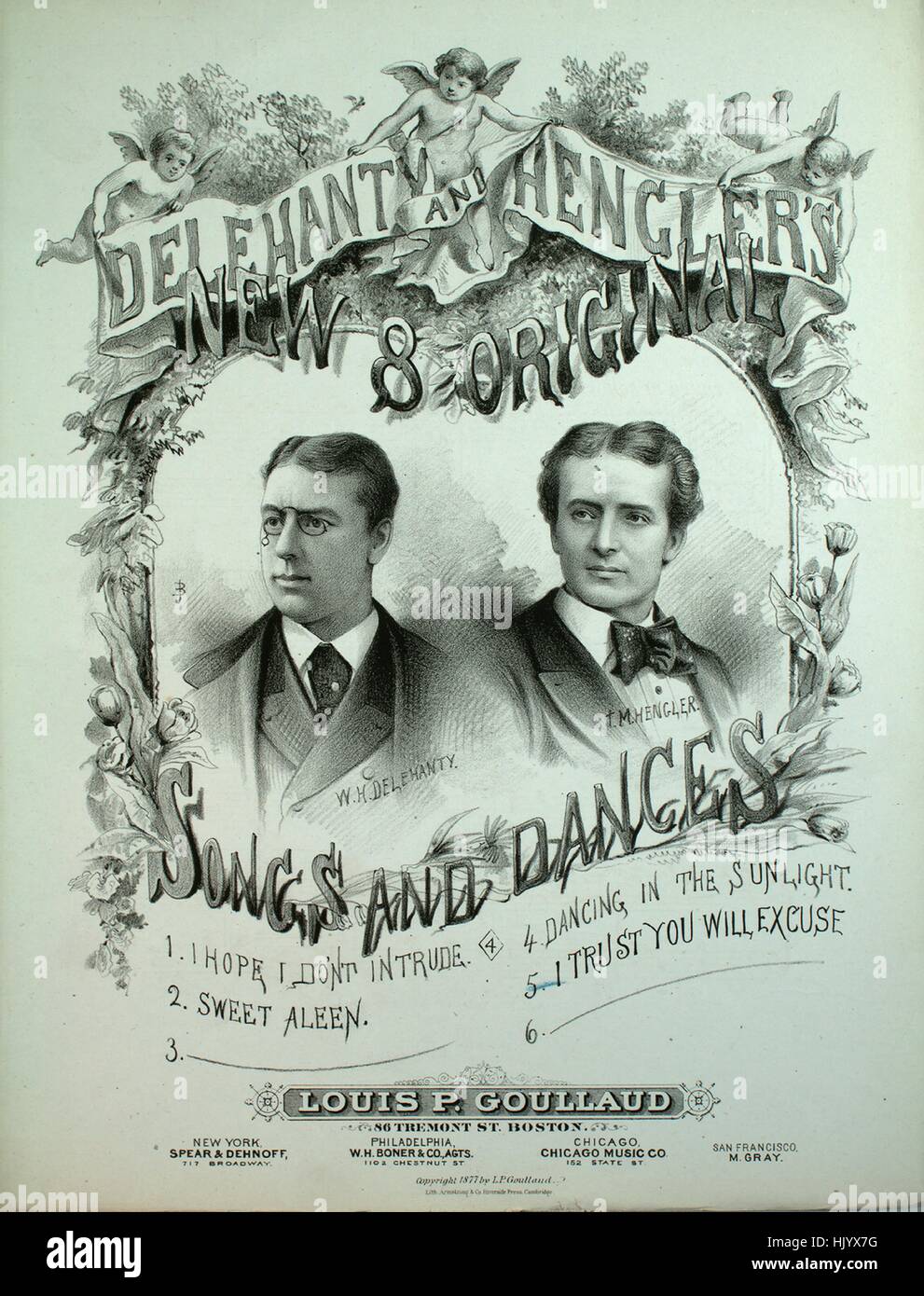 Noten zu decken Bild des Liedes "Delehanty und Hengler Lieder und Tänze keine 5 ich vertraue Sie werden entschuldigen", mit ursprünglichen Autorschaft Noten reading "Worte und Musik von WH Delehanty", USA, 1877. Der Verlag als "Louis P. Goullaud, 86 Tremont St." aufgeführt ist, die Form der Komposition ist "strophische mit Chor (mit Tanzeinlage)", die Instrumentierung ist "Klavier und Stimme", die erste Linie liest "Wird Sie bitte um mir Ihre Aufmerksamkeit, eine Zeit lang" und der Abbildung Künstler wird als aufgeführt "j.b. [J. Baker]; Lith Armstrong und Co. Haverside Press, Cambridge ". Stockfoto