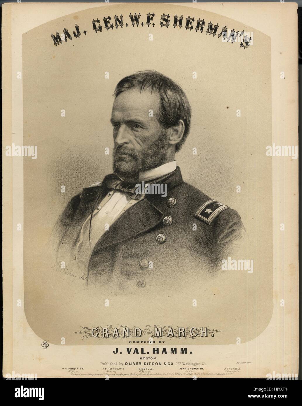 Titelbild der Noten des Liedes "Maj Gen WF Sherman Grand March", mit ursprünglichen Autorschaft Noten lesen "Komponiert von J Val Hamm", USA, 1864. Der Verlag als "Oliver Ditson and Co., 277 Washington St." aufgeführt ist, die Form der Komposition ist "da capo", die Instrumentierung ist "Klavier", liest die erste Zeile "None" und der Abbildung Künstler wird als aufgeführt "j.e. Baker del.; W.D ". Stockfoto