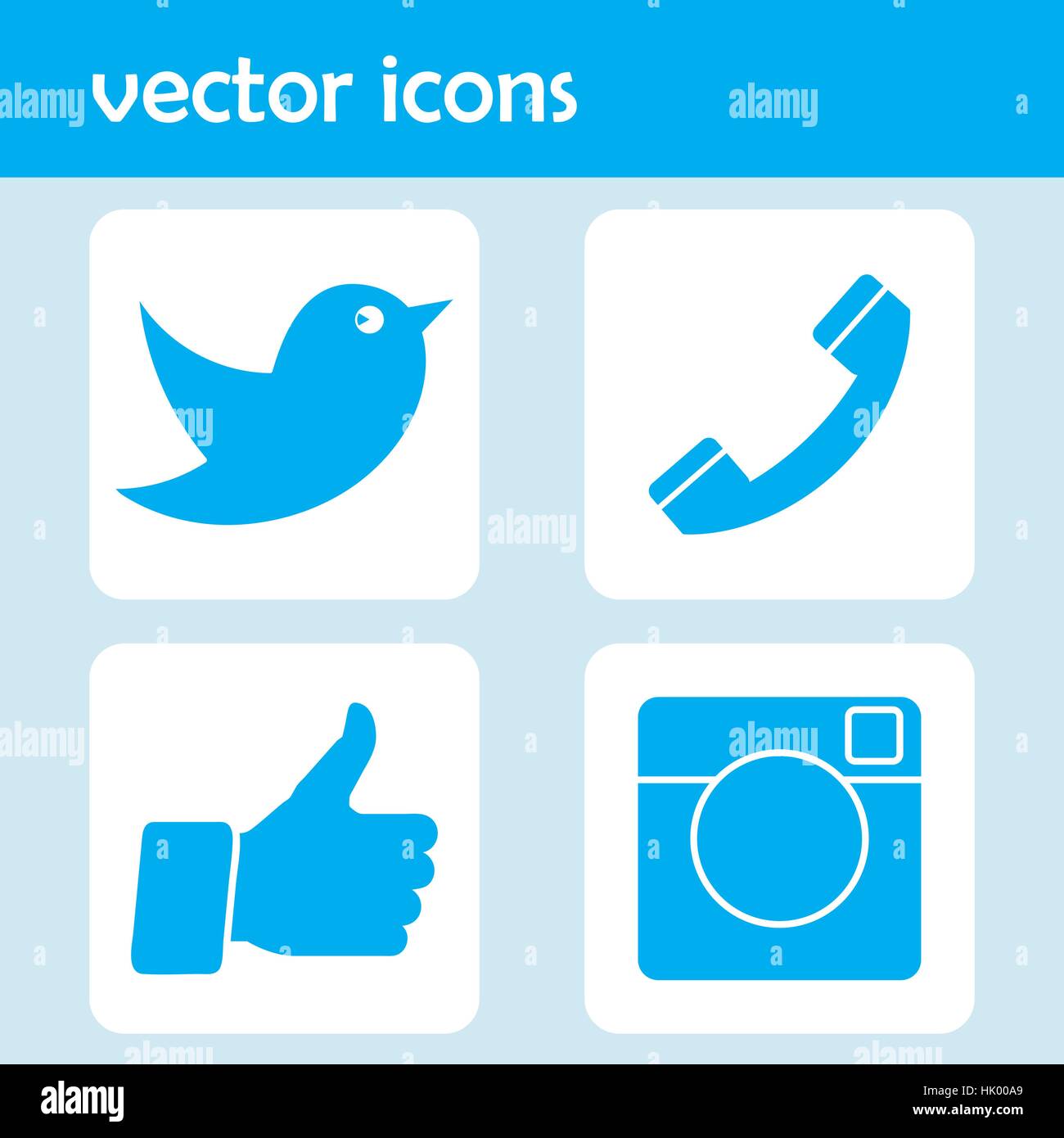Flache gestaltete Vektor-Icons wie Hand-Symbol, Daumen nach oben, Digitalkamera, Messenger Vogel und Telefonhörer für soziale Medien, Websites, Schnittstellen. Stock Vektor