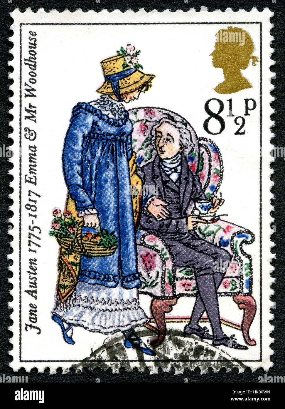 Großbritannien - ca. 1975: Eine gebrauchte Briefmarke aus dem Vereinigten Königreich, Darstellung zur Veranschaulichung der Emma und Mr Woodhouse in dem Roman Emma von Jane Austen, ci Stockfoto