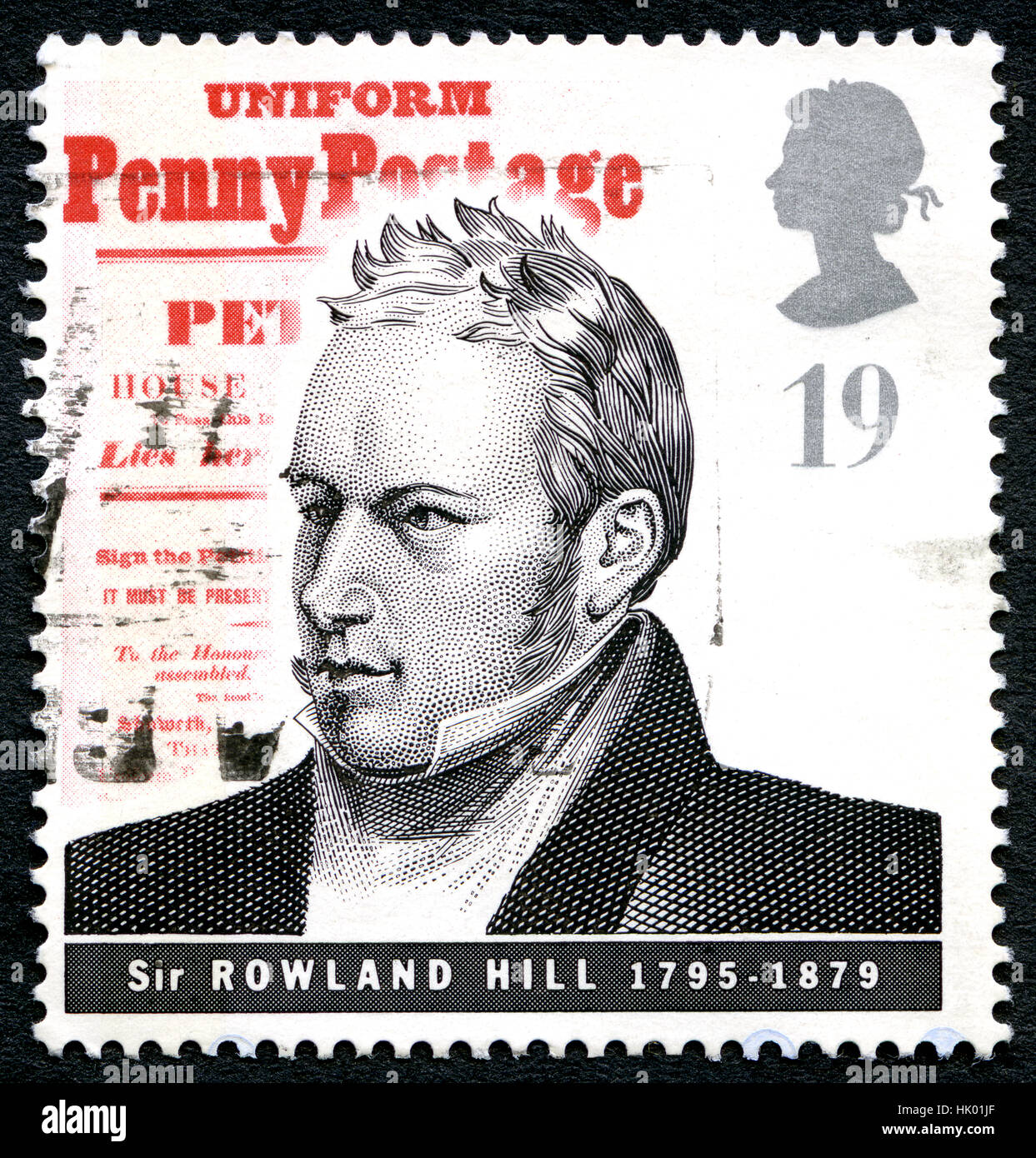Großbritannien - ca. 1995: Eine gebrauchte Briefmarke aus dem Vereinigten Königreich, zum Gedenken an das Leben der Sozialreformer Sir Rowland Hill, ca. 1995. Stockfoto