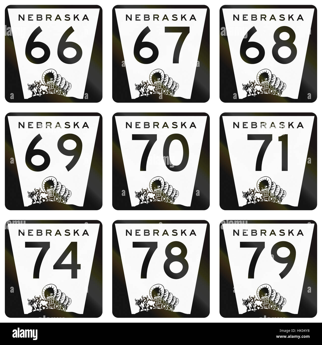 Sammlung von Nebraska Route Schilde in den Vereinigten Staaten verwendet. Stockfoto