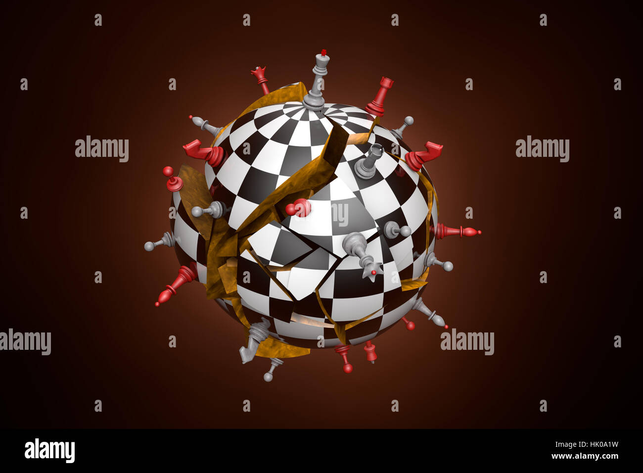Symbolischer Rahmen (geknackter und fallender Ball Schach). 3D-Rendering Stockfoto