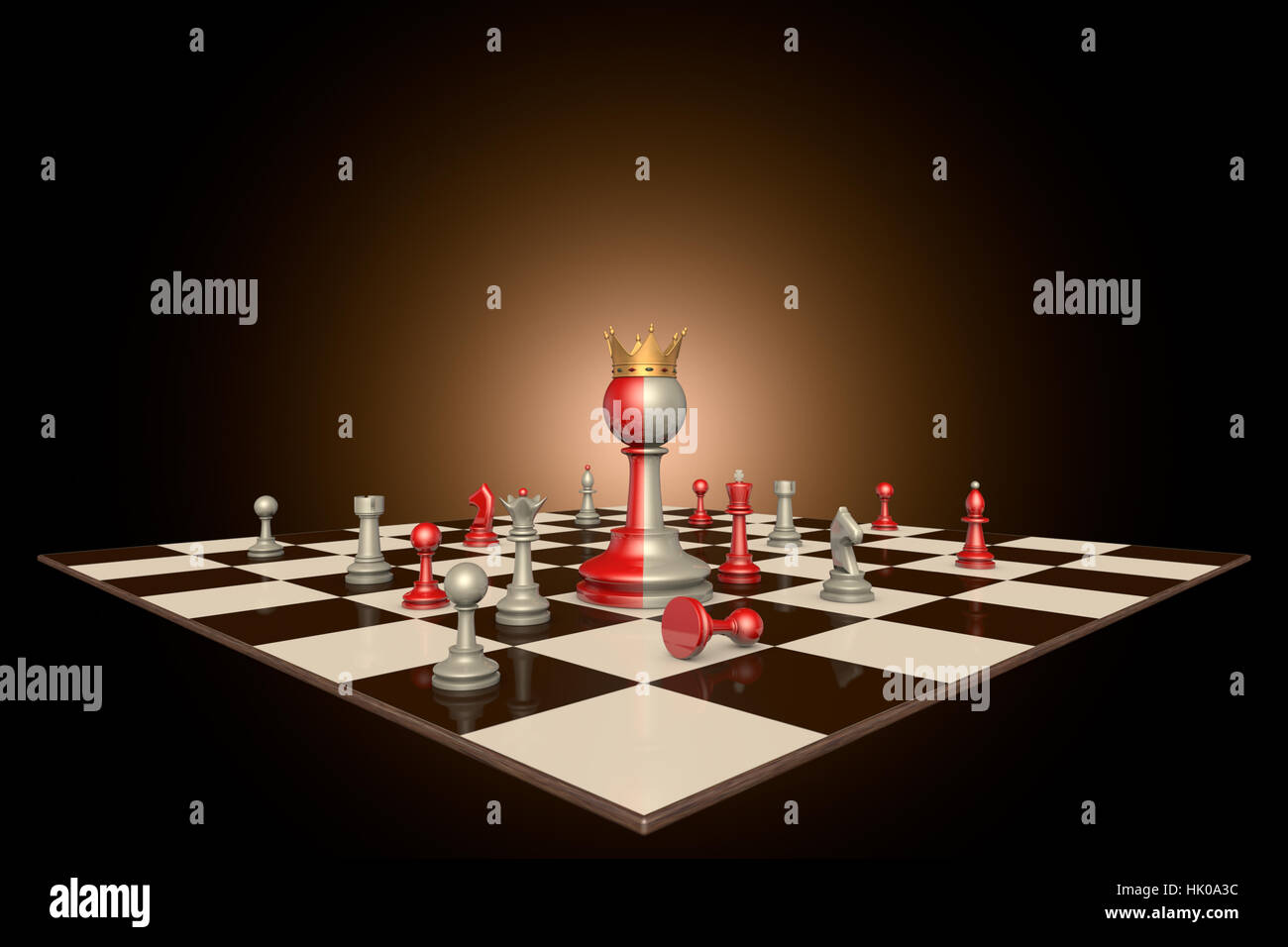 Schachfiguren auf dunklem Hintergrund. In der Mitte eines riesigen zweifarbigen Rahmens ein Bauer mit einer Krone. 3D-Rendering Stockfoto