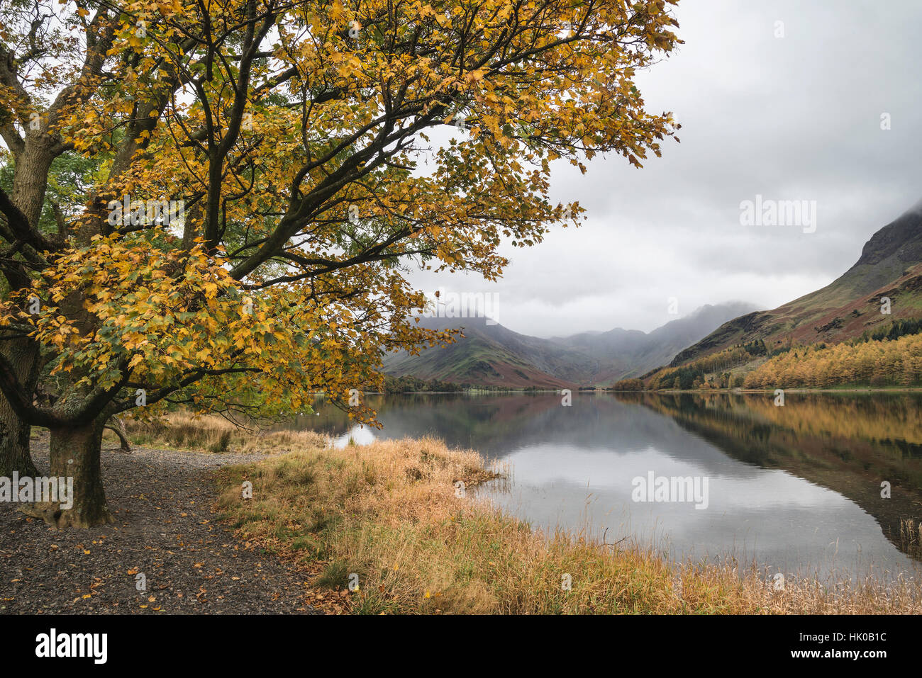 Atemberaubende Herbst Fall Landschaftsbild des Lake Buttermere im Lake District, England Stockfoto