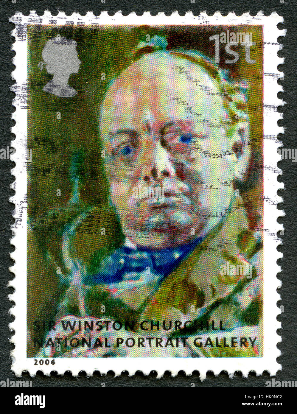 Großbritannien - CIRCA 2006: Eine gebrauchte Briefmarke aus dem Vereinigten Königreich, zeigt ein Porträt der historischen Figur Sir Winston Churchill, die auf dem Display in der Stockfoto