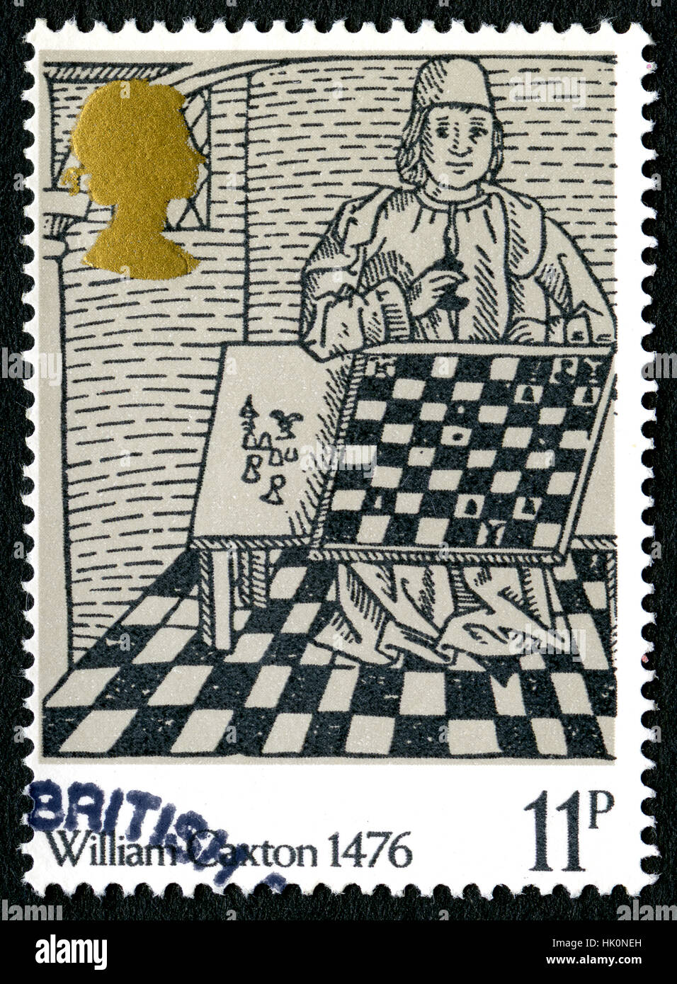 Großbritannien - ca. 1976: Eine gebrauchte Briefmarke aus dem Vereinigten Königreich, zum 500. Jahrestag der ersten Druckmaschine in England eingeführt durch Willi Stockfoto