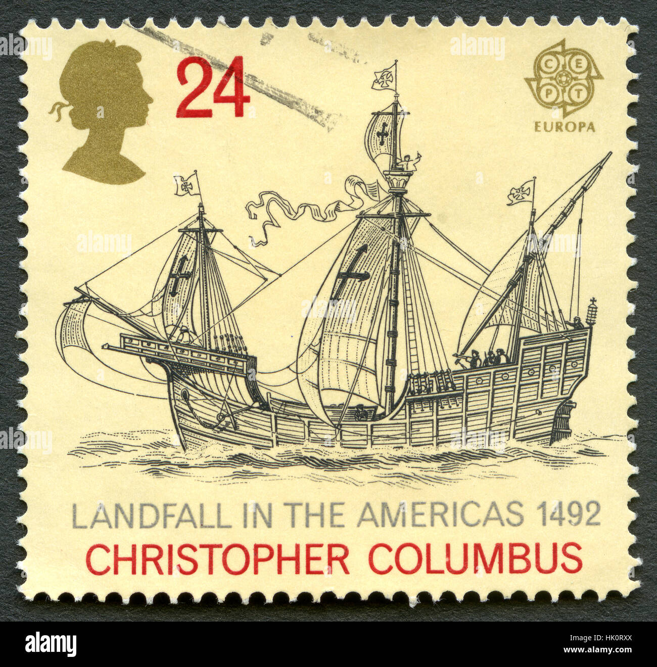 UK - ca. 1992: Eine gebrauchte UK Briefmarke zum Gedenken an den 500. Jahrestag Christopher Columbus entdeckt Amerika. Stockfoto