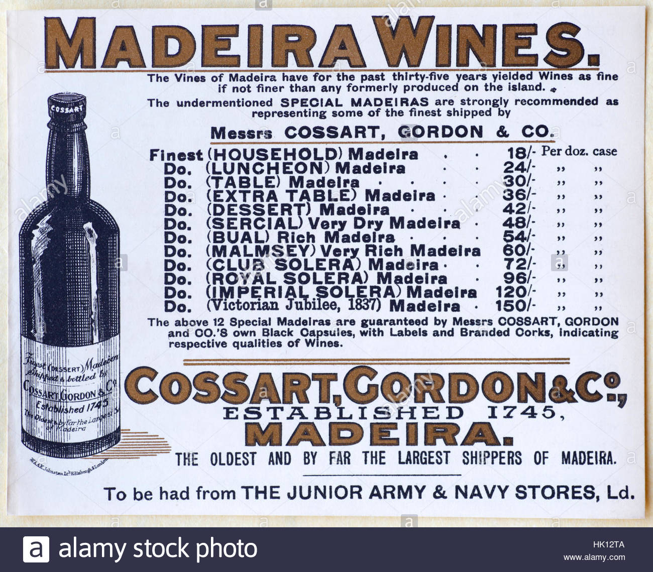 Madeira Weine, Cossart Gordon & co., original Vintage Werbung von ca. 1900 Stockfoto