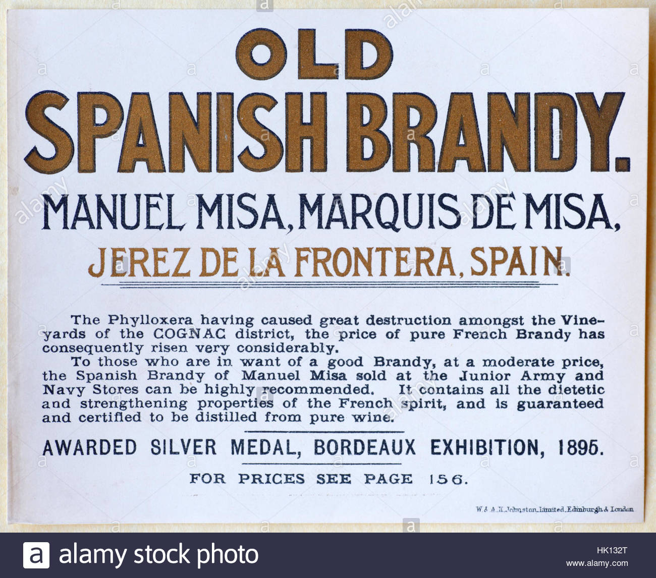 Alte spanische Brandy, original Vintage Werbung von ca. 1900 Stockfoto