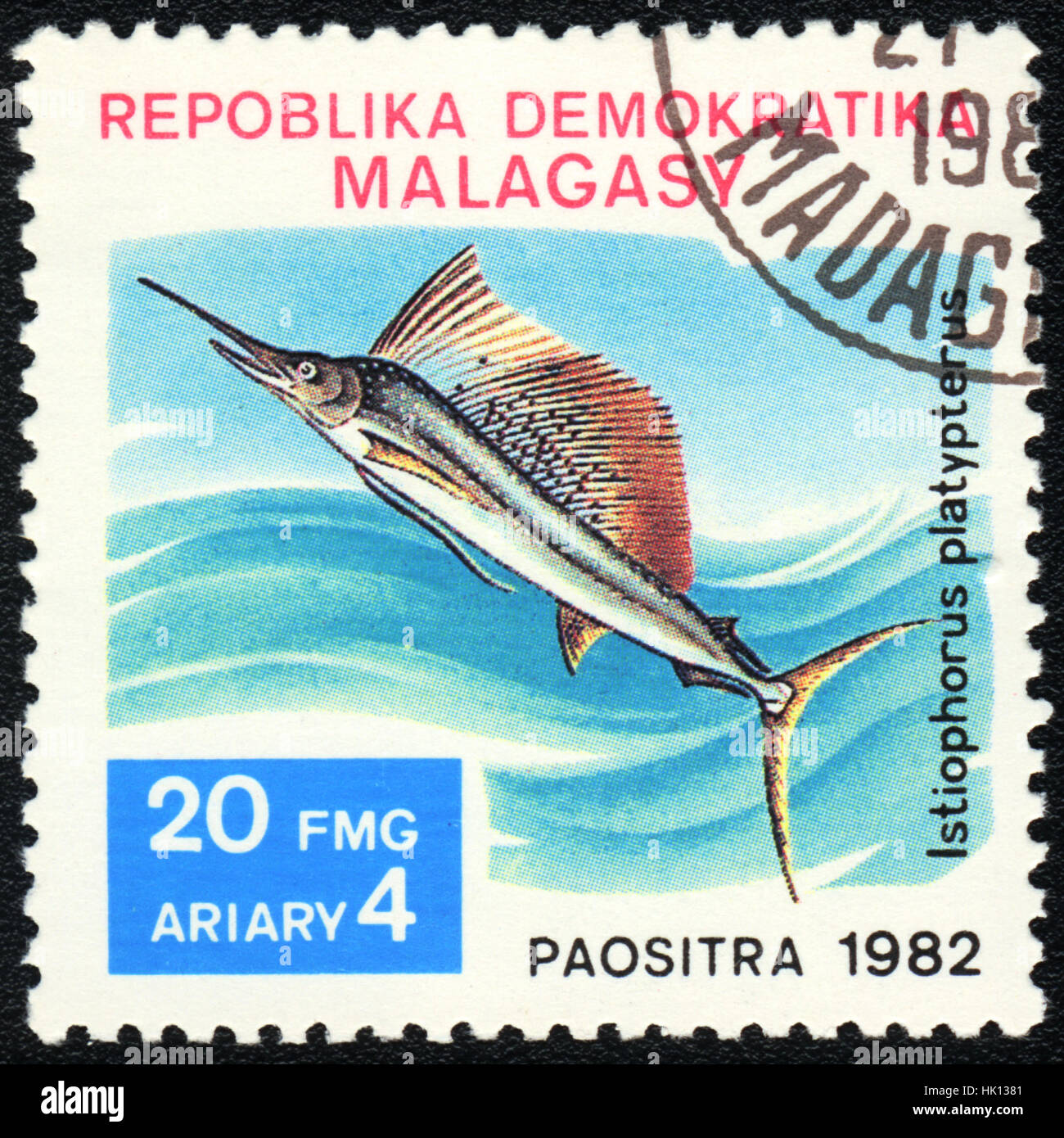 Eine Briefmarke gedruckt in madagassische Republik zeigt einen Fisch Istiophorus Platypterus, Serie, ca. 1982 Stockfoto