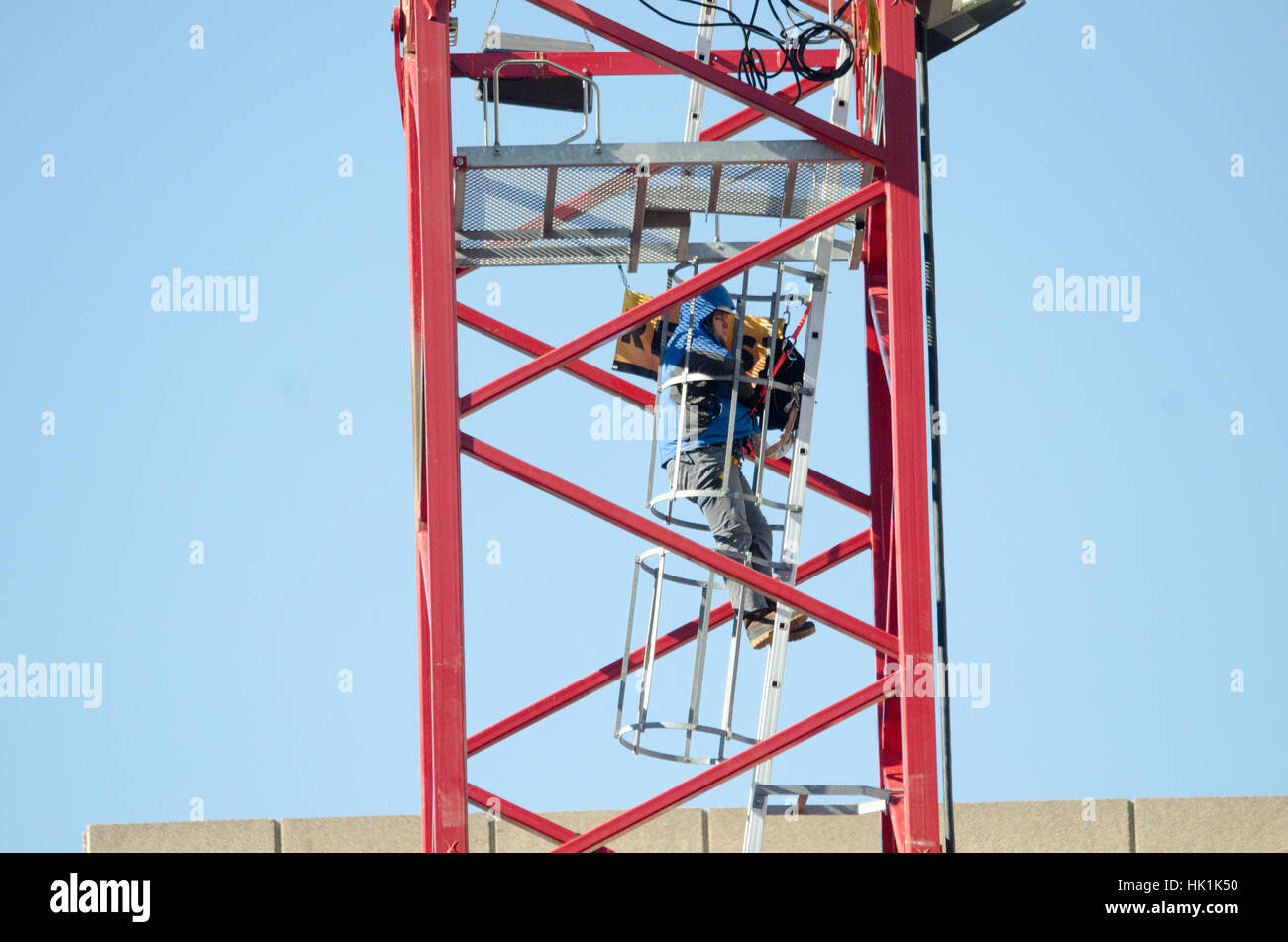 Washington, USA. 25. Januar 2017. Ein Greenpeace-Demonstrant steht in der Kran-Leiter in der Nähe ein kleines Resist-Zeichen. Bildnachweis: Angela Drake/Alamy Live-Nachrichten Stockfoto