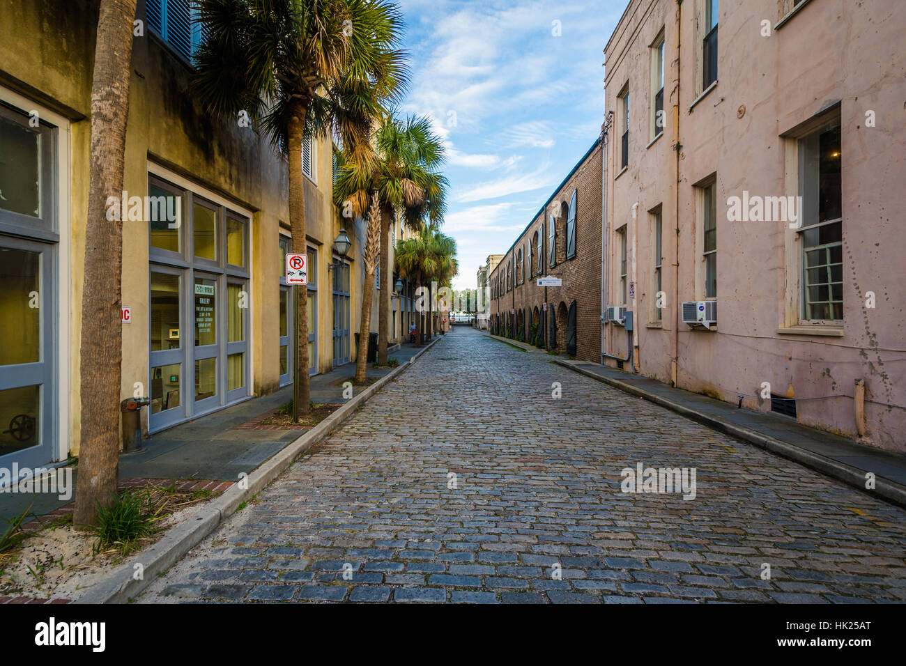 Gepflasterte Straße in Charleston, South Carolina. Stockfoto