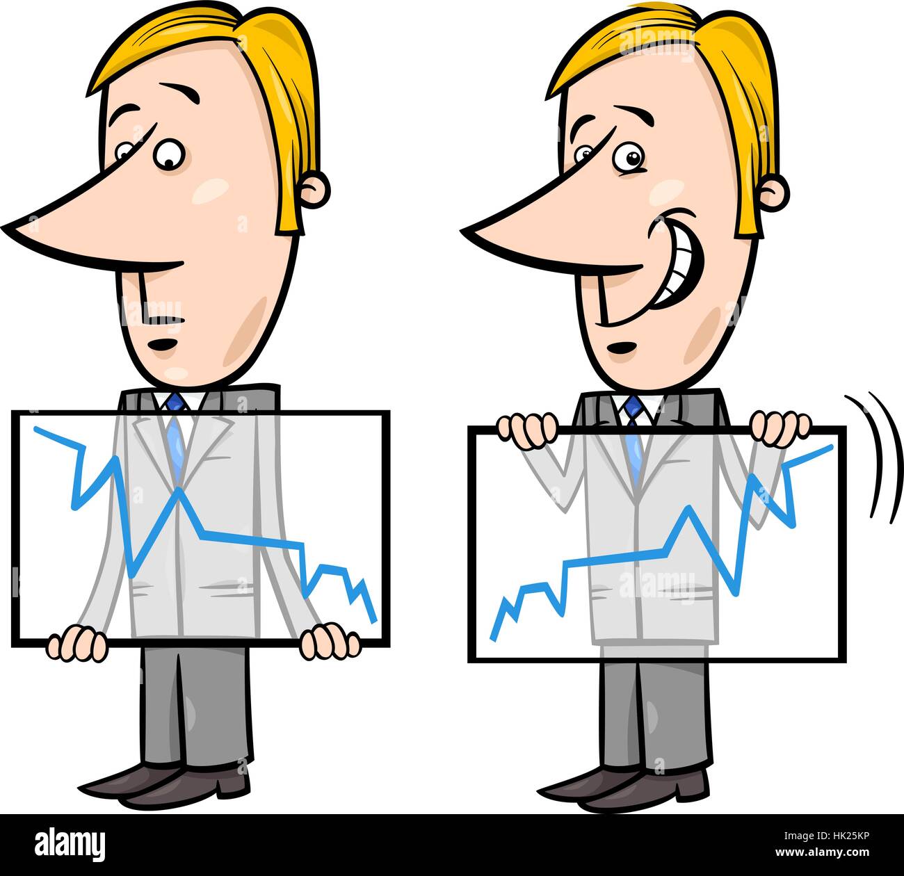 Concept-Cartoon-Illustration der Geschäftsmann präsentiert einen Graphen und Cheats Stock Vektor