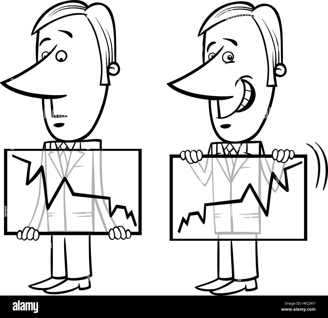 Black And White Concept Cartoon Illustration der Geschäftsmann präsentiert einen Graphen und Cheats Stock Vektor