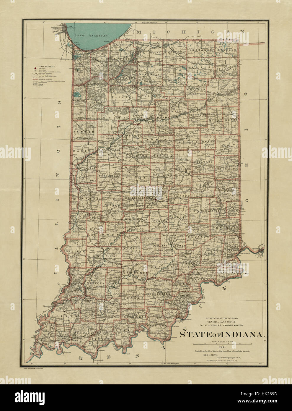 Karte von Indiana 1886 Stockfoto
