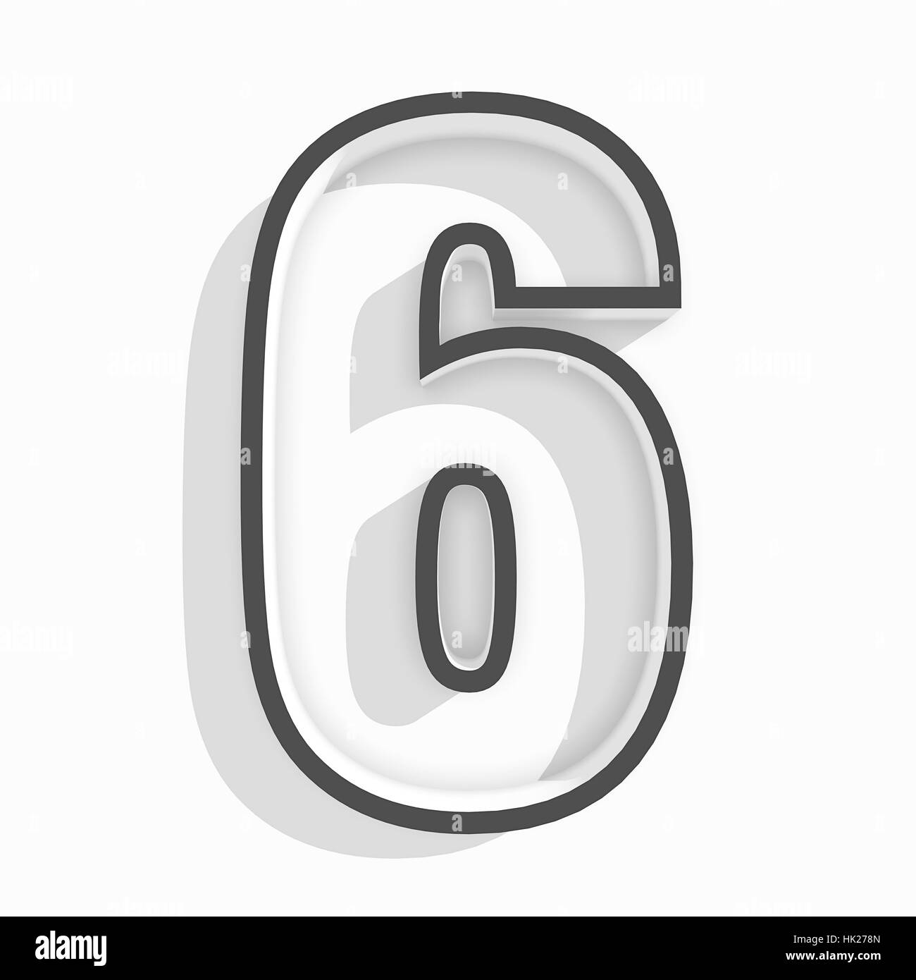 weiß isoliert Nummer 6 sechs in weißem Hintergrund mit Schatten Stockfoto