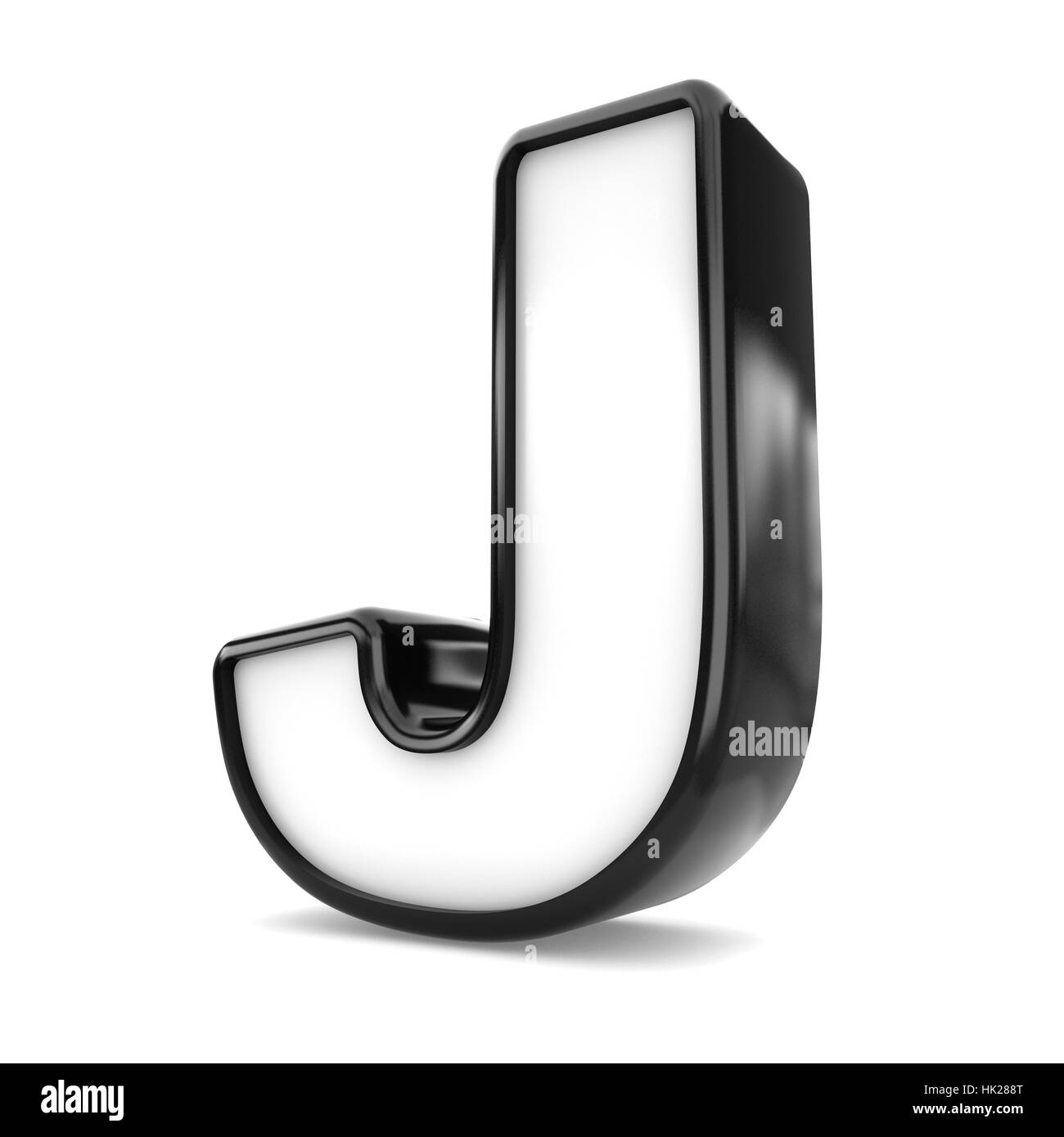 3D schwarz Kunststoff Buchstaben J isoliert weißen Hintergrund. Stockfoto