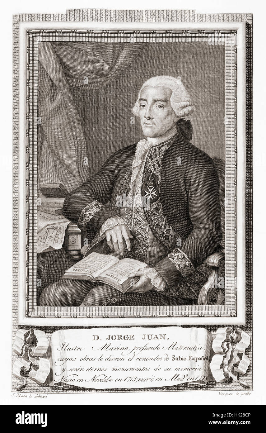 Jorge Juan y Santacilia, 1713 – 1773.  Spanische Mathematiker, Wissenschaftler, Marineoffizier und Mariner.  Nach einer Radierung in Retratos de Los Españoles Ilustres veröffentlicht Madrid, 1791 Stockfoto