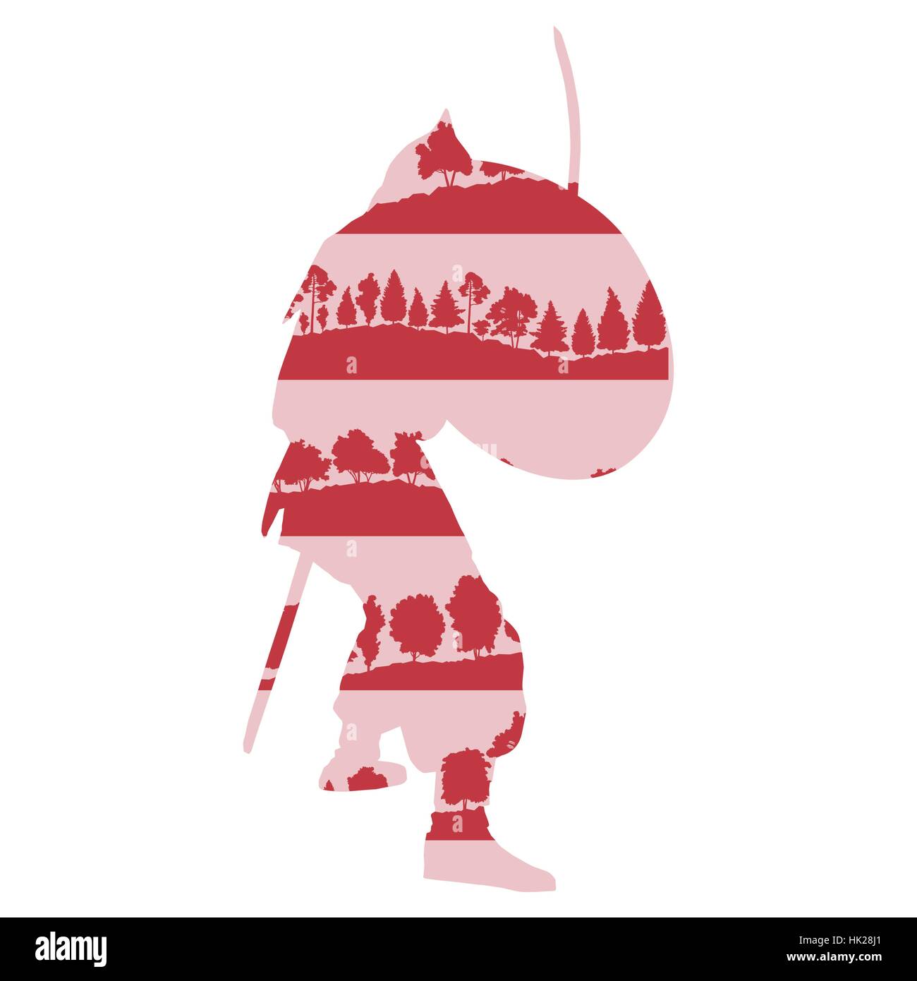 Mittelalterliche Ritter oder Alter Krieger Vektor Hintergrund Konzept der Wald Bäume Fragmente isoliert auf weiss Stock Vektor