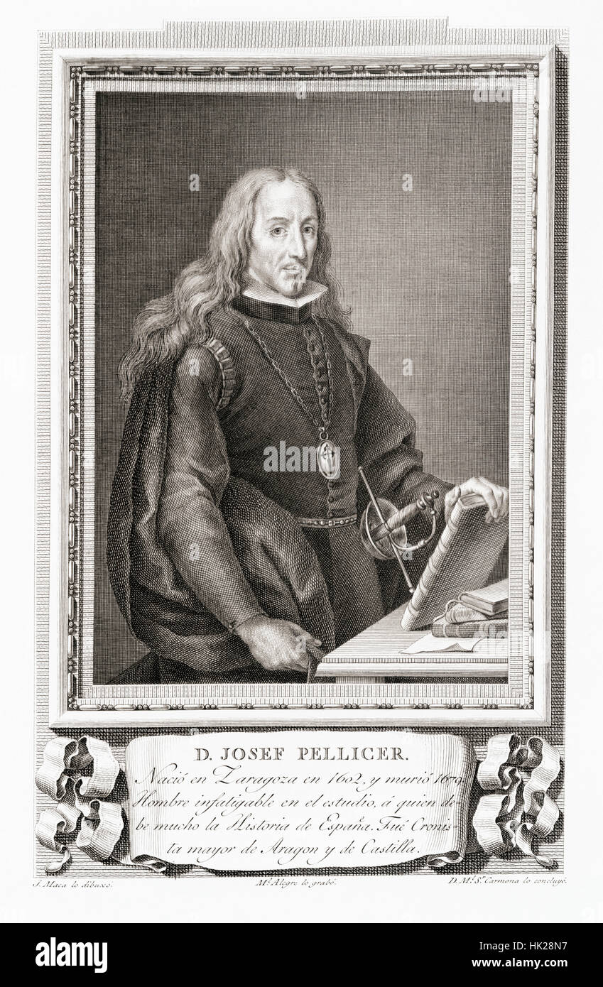 José Pellicer de Ossau y Tovar, 1602-1679.  Spanischer Dichter, Genealogen, Historiker von Kastilien und Aragonien und Publizist für Gaspar de Guzmán, zählen-Herzog von Olivares.  Nach einer Radierung in Retratos de Los Españoles Ilustres veröffentlicht Madrid, 1791 Stockfoto