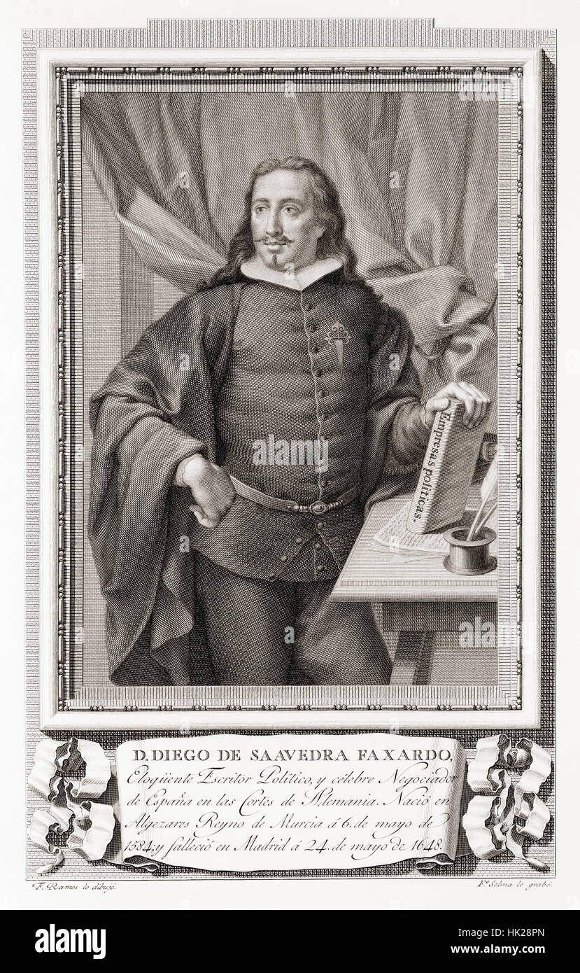 Diego de Saavedra Fajardo, 1584 – 1648.  Spanischer Diplomat und Literat.  Nach einer Radierung in Retratos de Los Españoles Ilustres veröffentlicht Madrid, 1791 Stockfoto