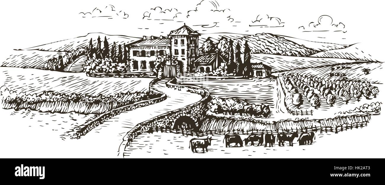 Bauernhof, Landwirtschaft oder Weinberge skizzieren. Vintage Landschaft-Vektor-illustration Stock Vektor