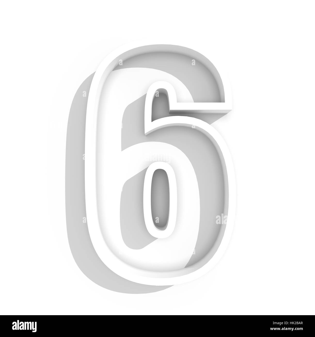 3D White isoliert Nummer 6 sechs in weißem Hintergrund mit Schatten Stockfoto