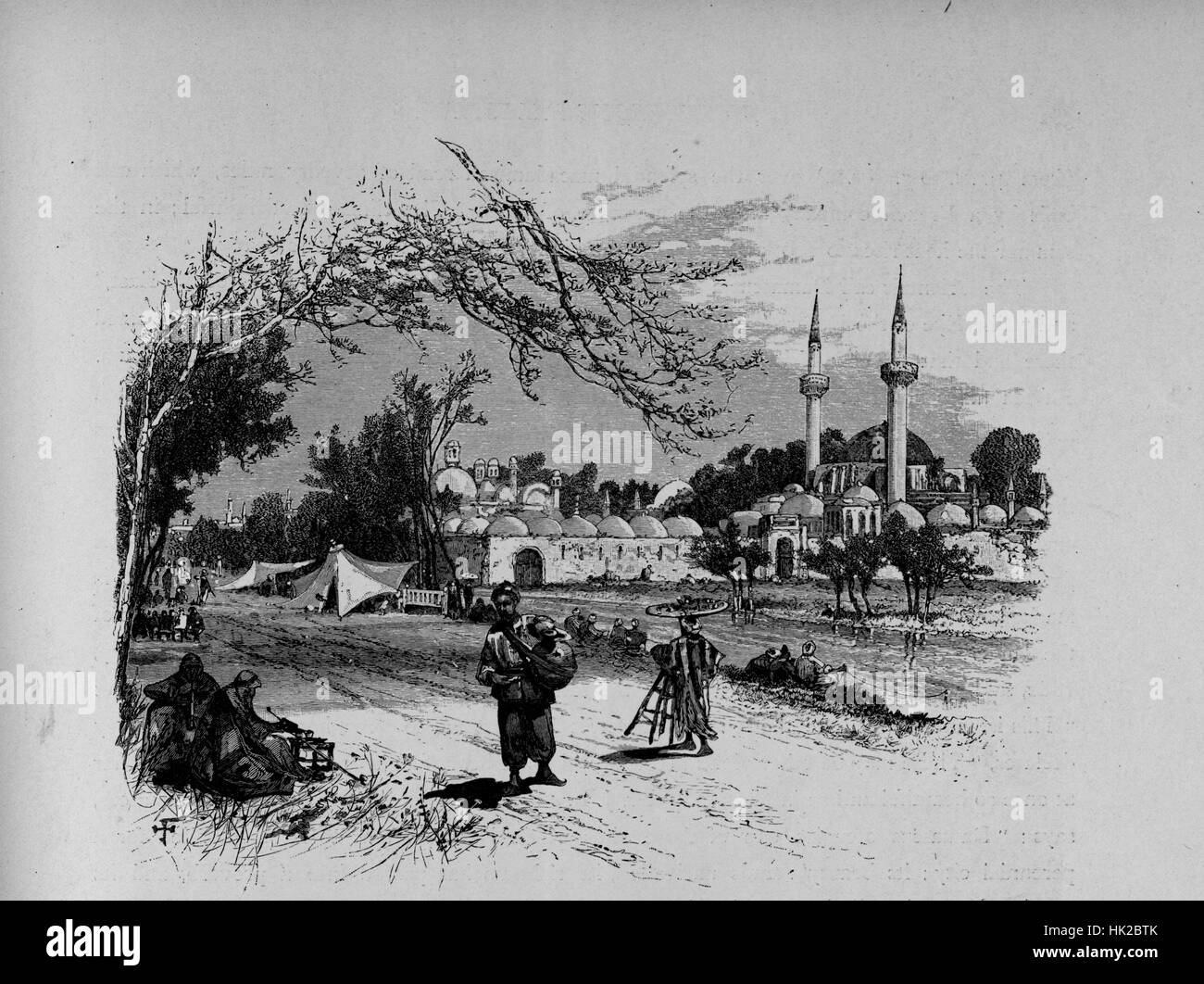 Eine Gravur mit dem Westeingang nach Damaskus durch die Wiese, auf der rechten Seite der Moschee Tekiyeh zu sehen ist ein Krankenhaus für die Armen und Pilger Reisen in und aus Mekka, Syrien, 1882. Von der New York Public Library. Stockfoto