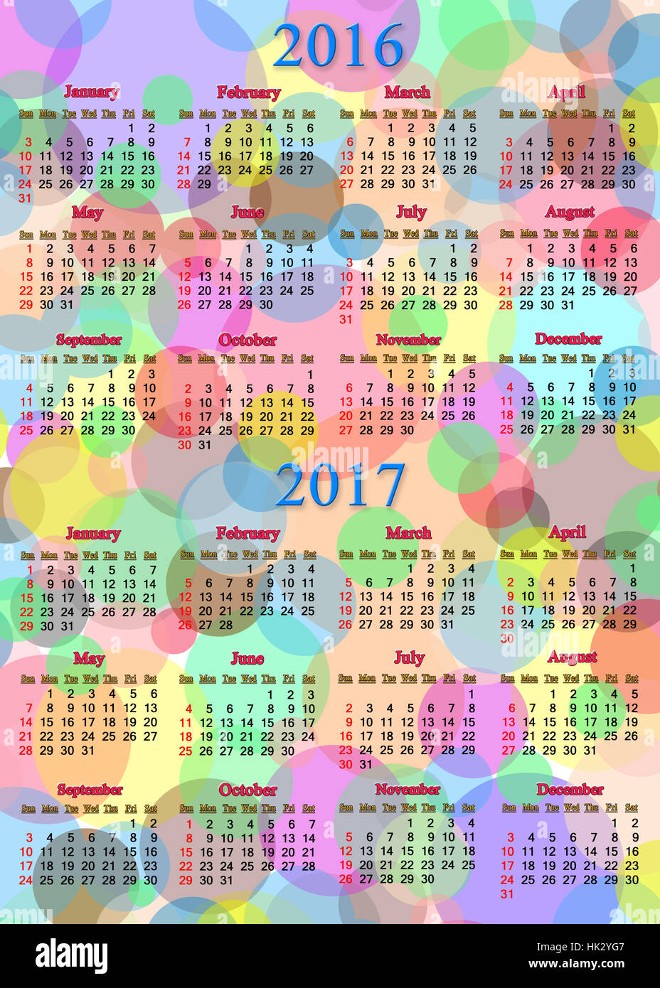 Kalender für 20 Kalender für 2016 und 2017 Jahre mit bunten Ringe und Kreise Stockfoto